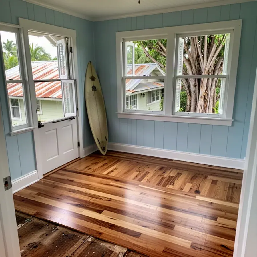 New engineered hardwood in raised Paia plantation cottage