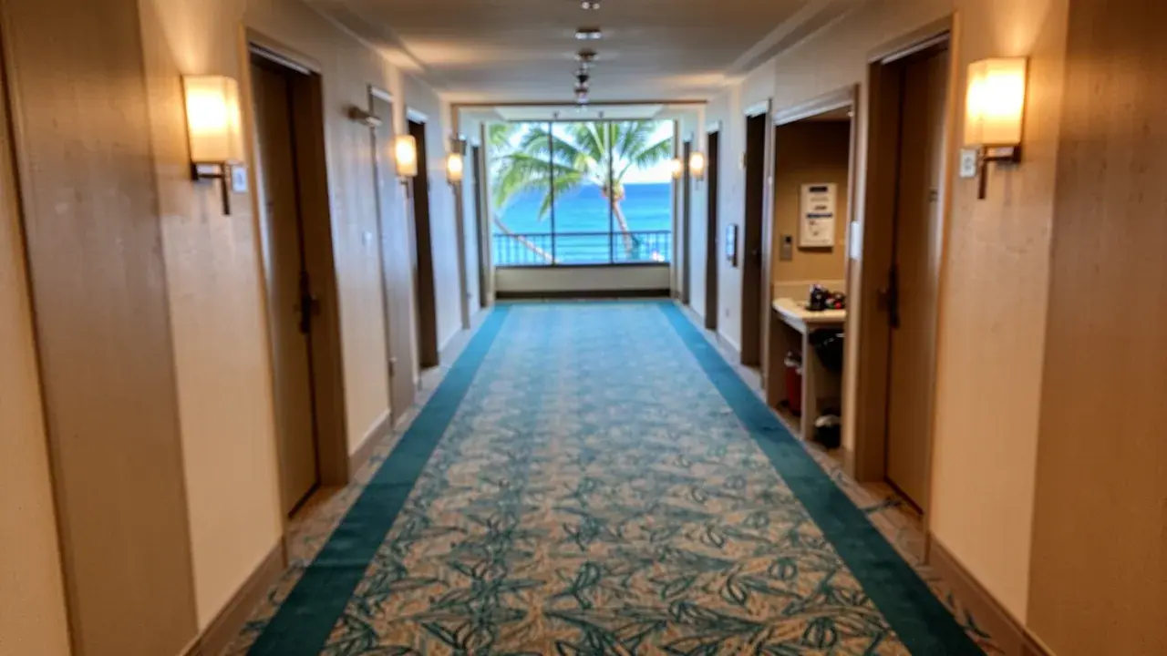 Guest room hallway after the carpet refresh New patterned carpet in Kaanapali hotel corridor