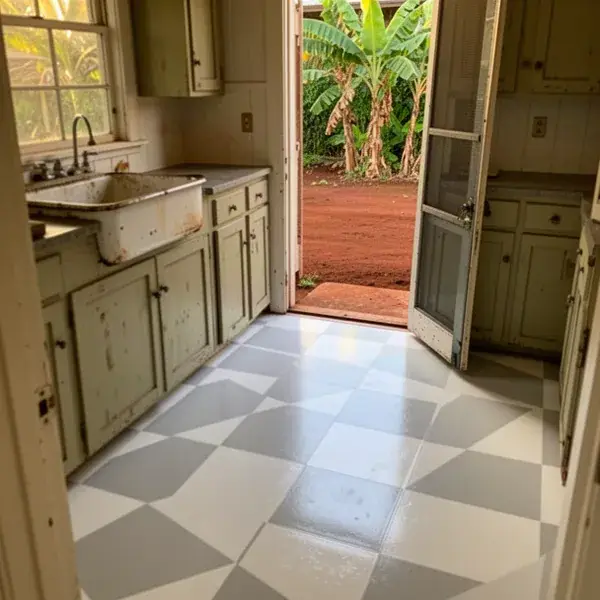 New vinyl composition tile in Paia cottage kitchen