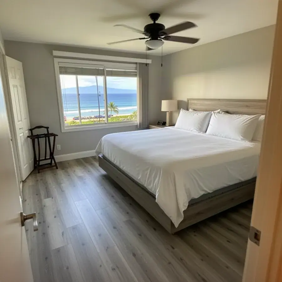 New vinyl plank floor in Kaanapali rental bedroom