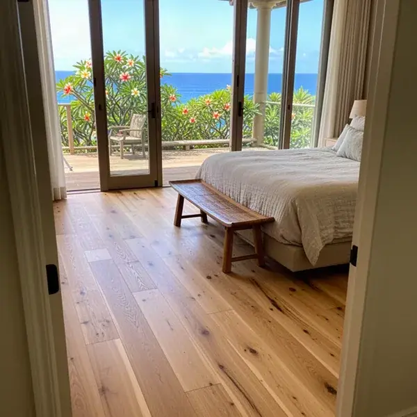 Newly installed hardwood bedroom floor in Wailea villa