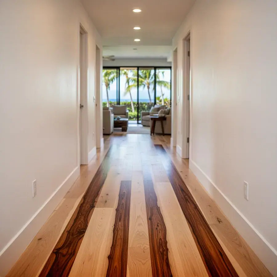 Oak hallway floor with inlaid koa feature strips in Makena