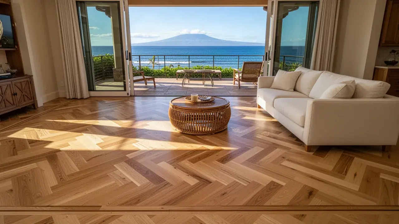 Oak herringbone floor in bright Wailea living room