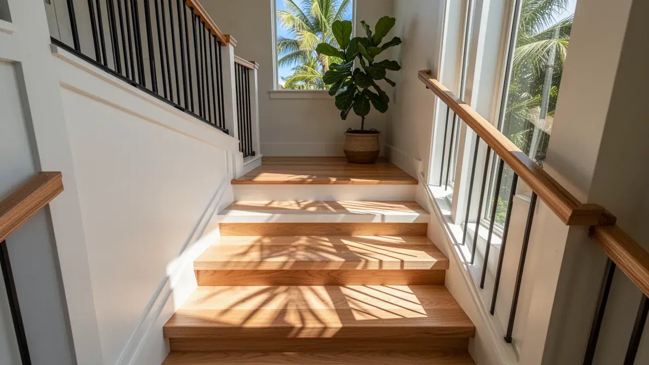 A finished oak staircase with painted risers Oak stair treads with white risers in Kapalua townhome