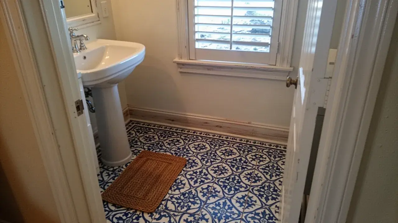 Encaustic-style ceramic in a finished bathroom Patterned ceramic tile floor in Spreckelsville beach house bathroom