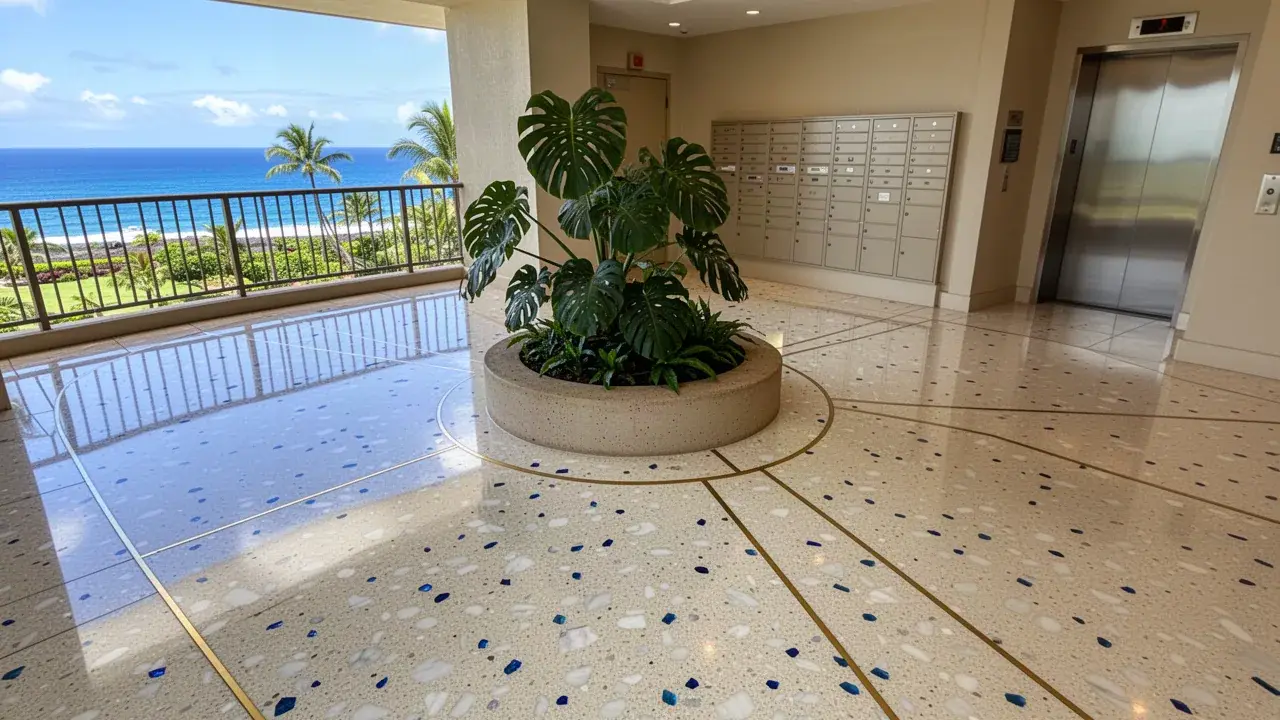 Polished epoxy terrazzo floor in Wailea condo lobby