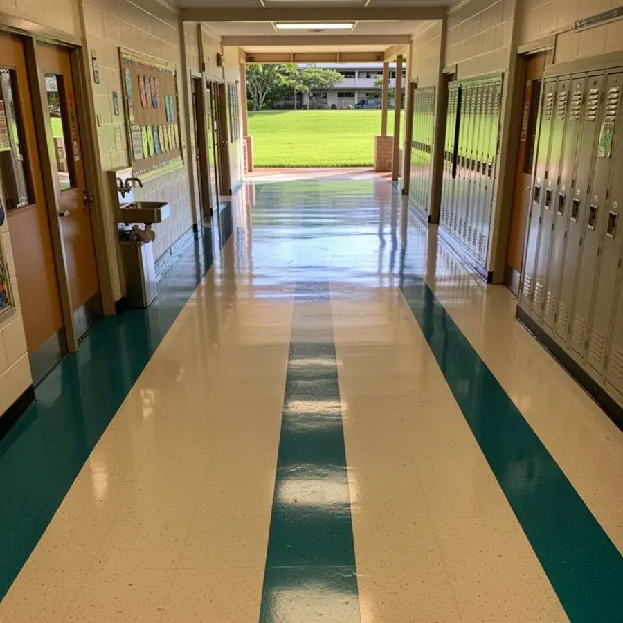 Polished VCT tile floor in Wailuku school corridor