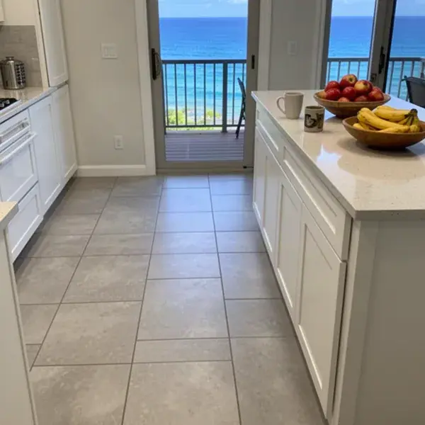 Porcelain tile kitchen floor in Maalaea oceanfront condo