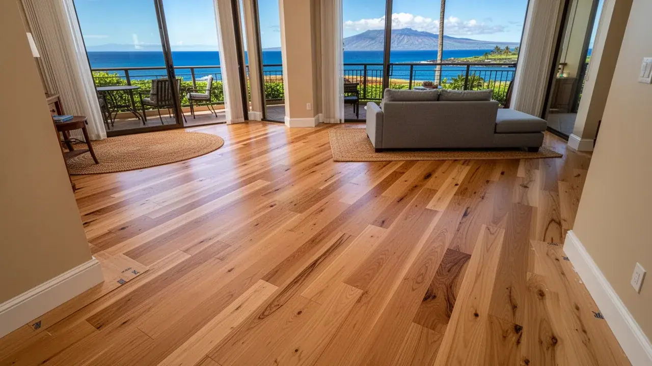 Quiet engineered wood floor in upper-floor Kaanapali condo