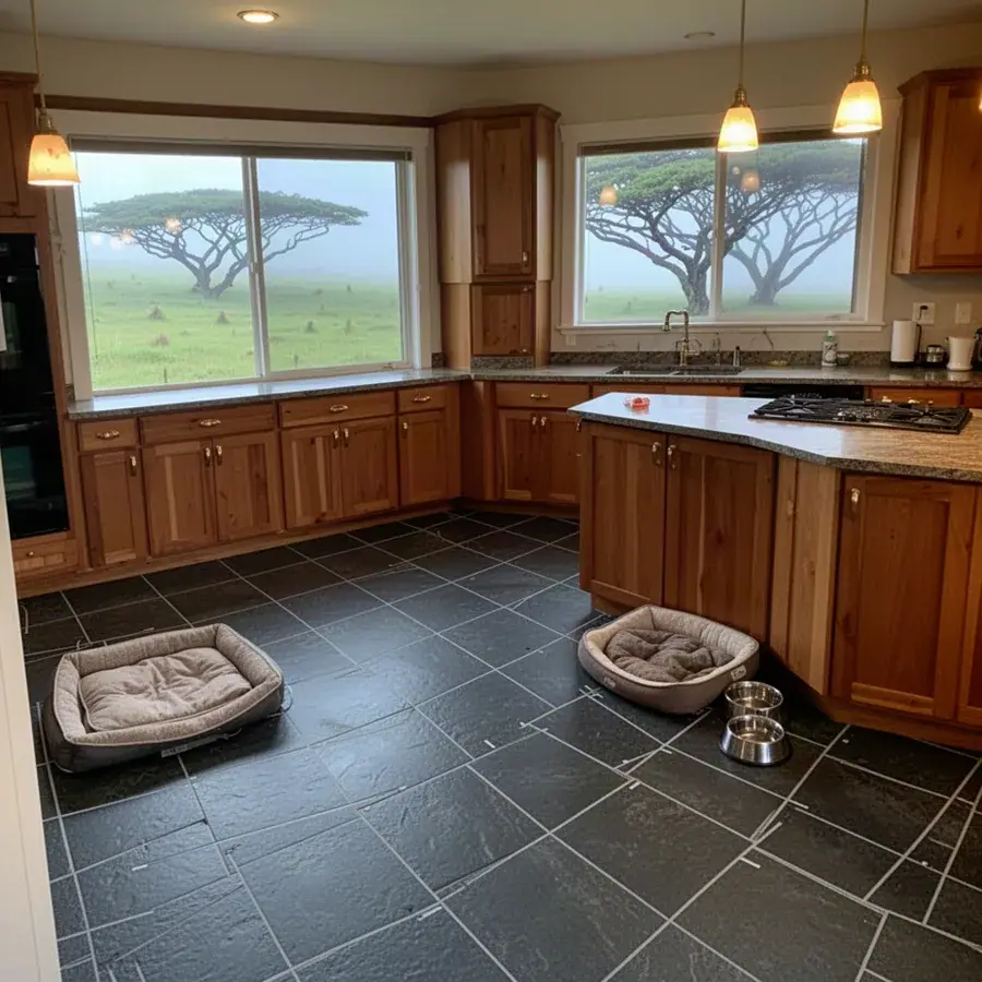 Radiant heated stone-look tile floor in Makawao kitchen