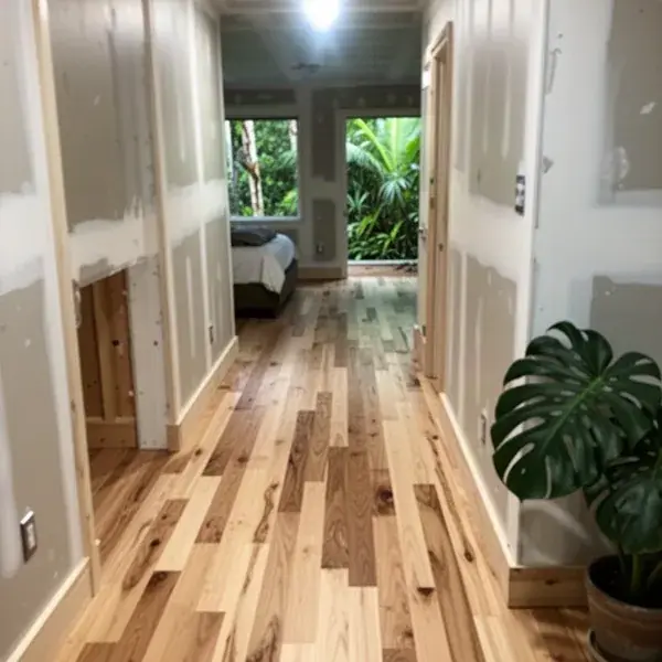 Rebuilt hallway floor after water damage in Hana home
