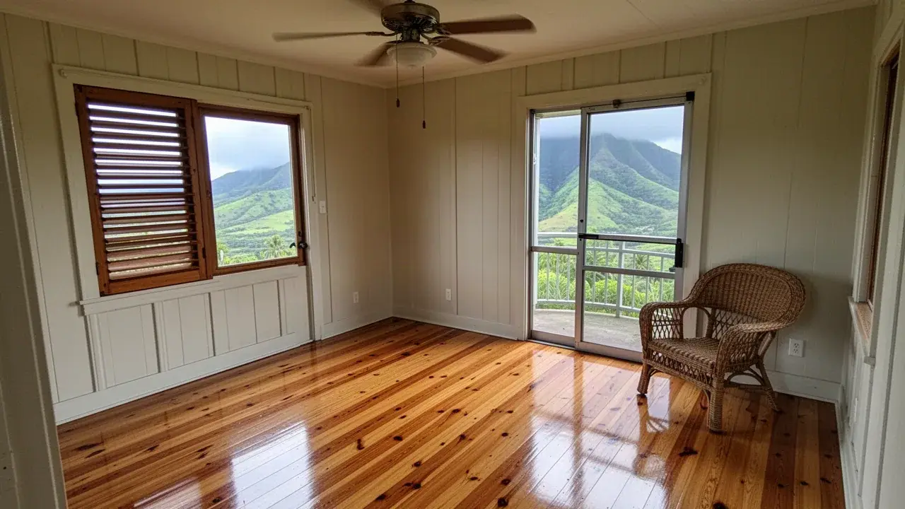 Refinished fir hardwood floor in Wailuku plantation home