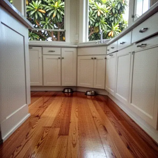 Clean, even finish right up to the toe kicks Refinished oak floor edge along kitchen cabinets in Paia home