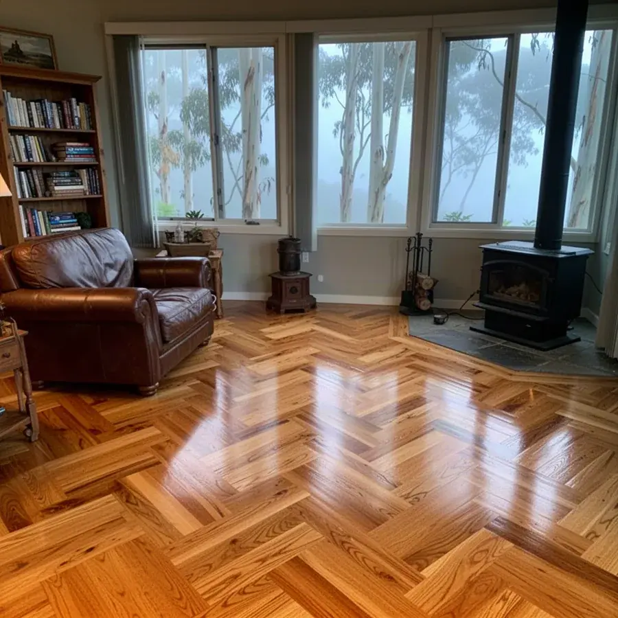Refinished oak herringbone parquet in Olinda home den