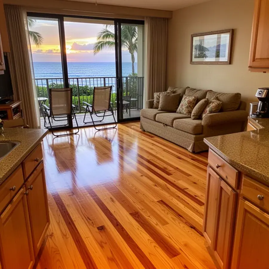 A vacation rental floor ready for the next guests Refinished red oak floor in Kaanapali vacation rental