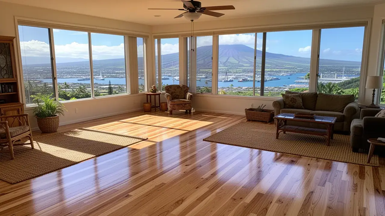 Freshly refinished oak with a clear satin finish Refinished white oak floor in Wailuku Heights living room