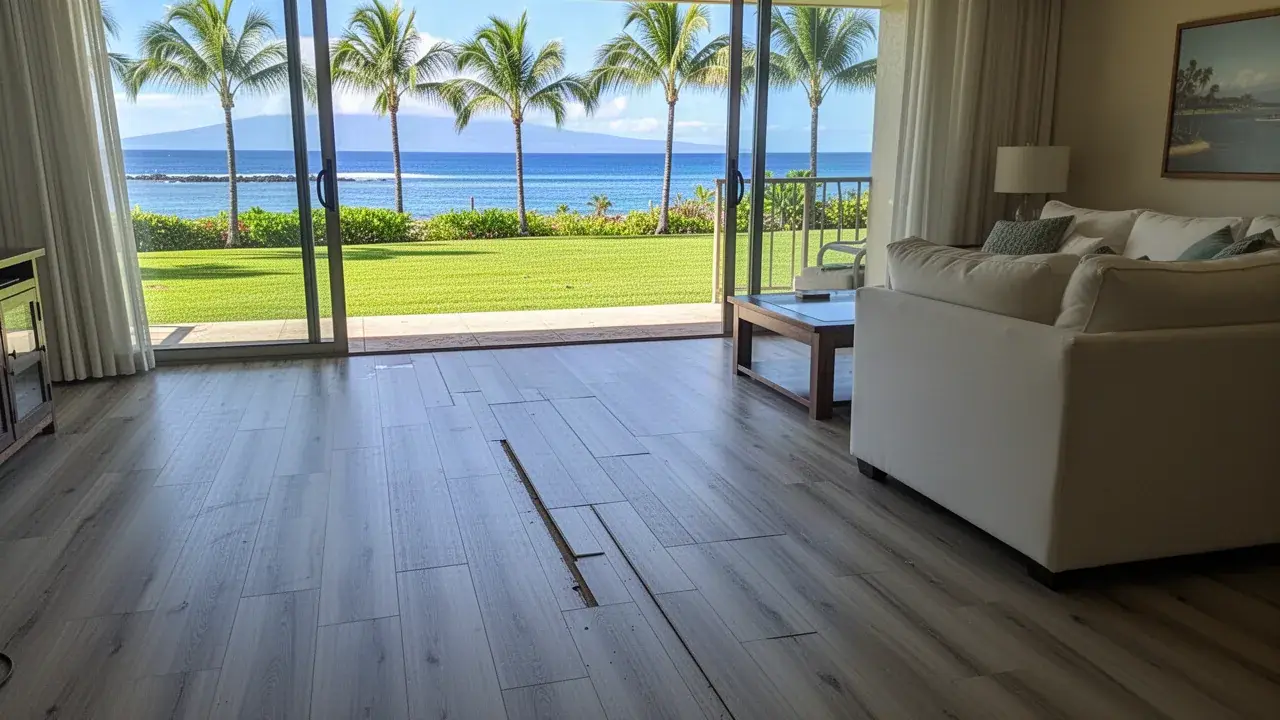 Repaired gray vinyl plank floor in Kaanapali condo