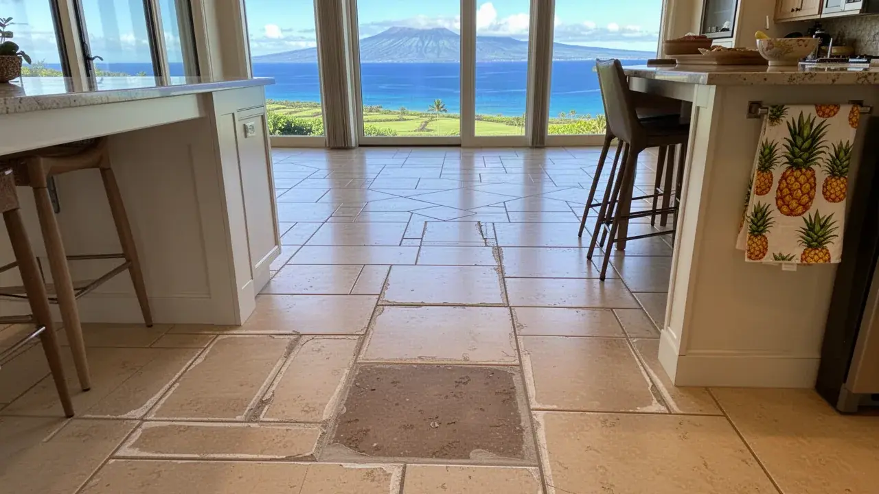 Repaired porcelain kitchen tile floor in Kapalua villa