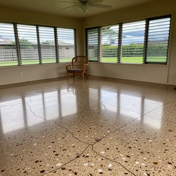 Restored cement terrazzo floor in mid-century Kahului home