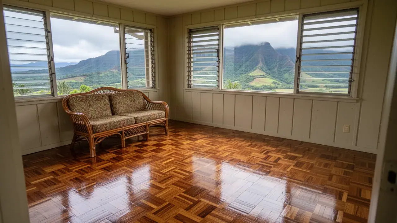 Restored mosaic parquet floor in Wailuku older home