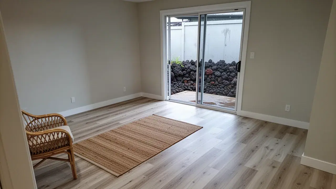 Restored vinyl plank living room after flood in Kihei