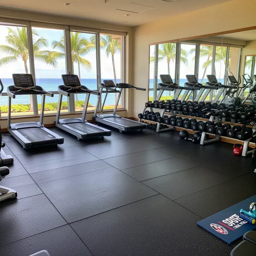 Rubber flooring in Wailea resort condo fitness center