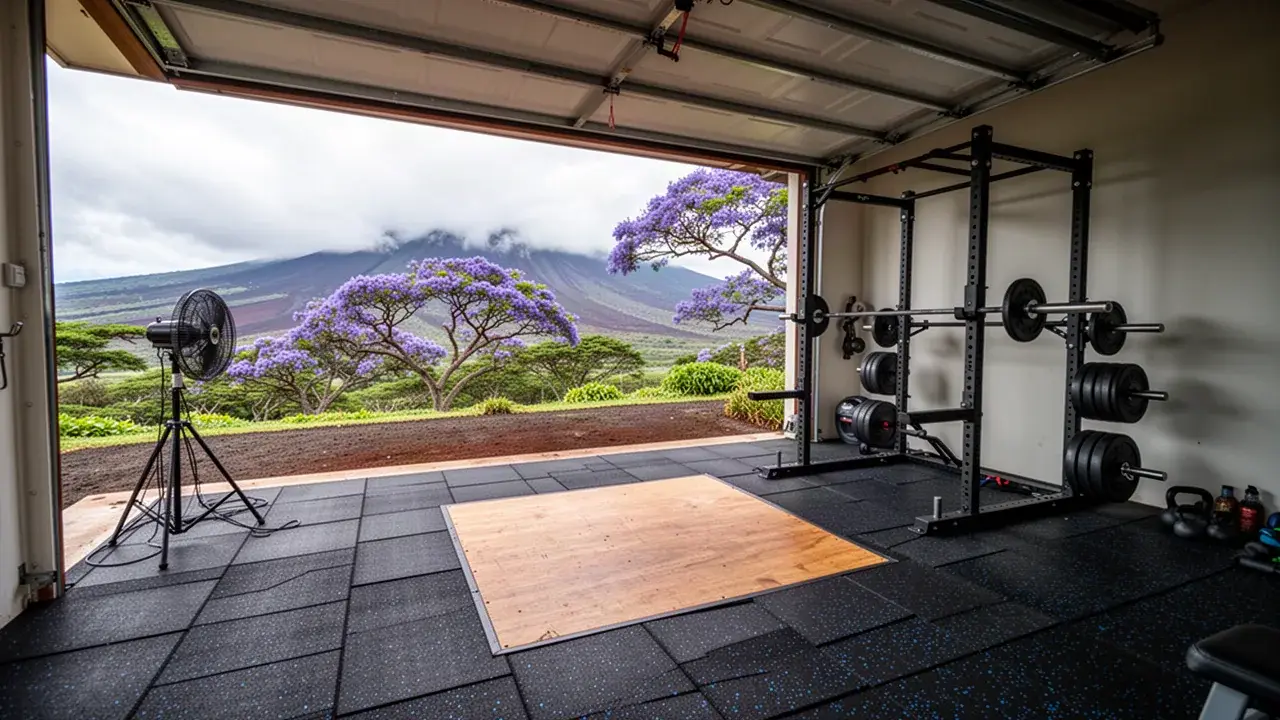 Rubber tile home gym with lifting platform in Kula