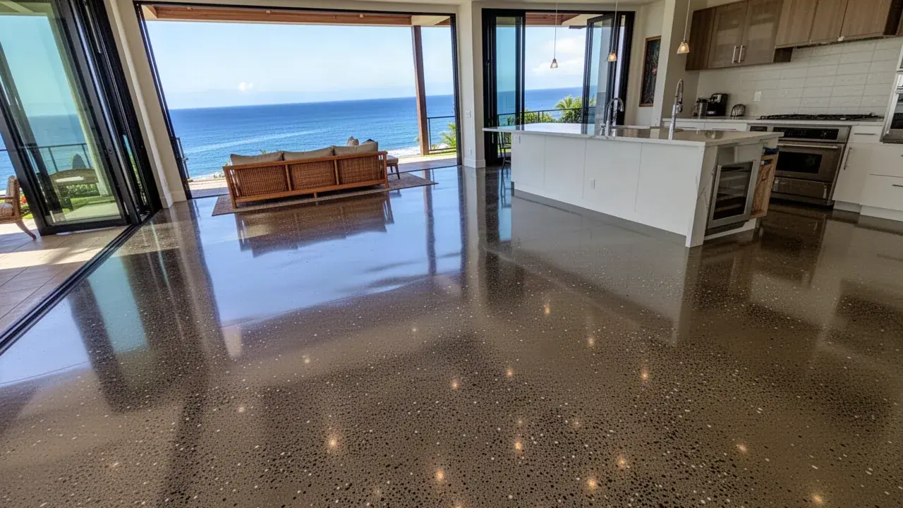 Salt and pepper polished concrete floor in Wailea home
