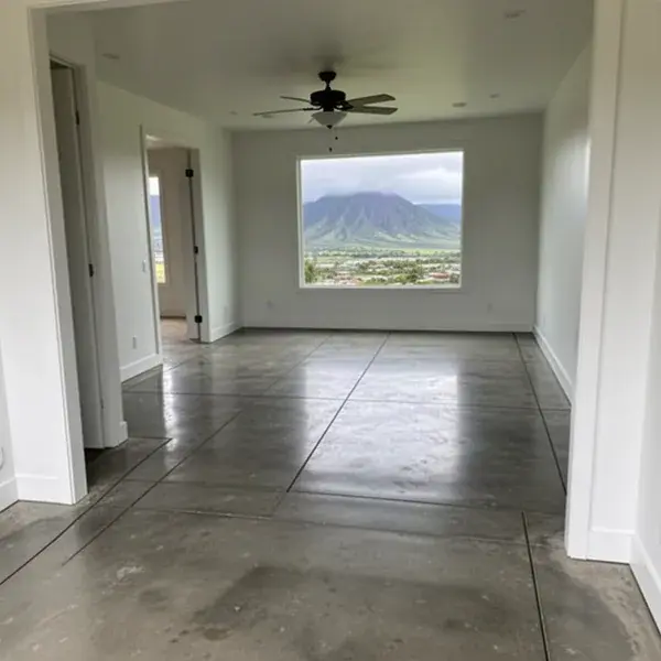 Clear-sealed slab as the finished floor in a new West Maui house Sealed natural concrete floor in Lahaina rebuild home