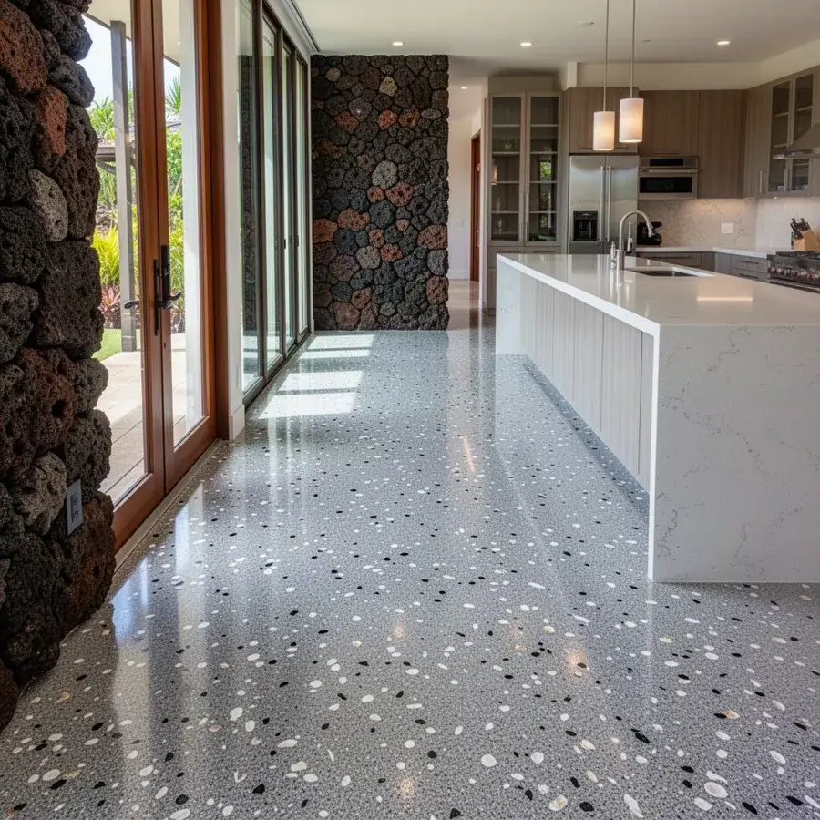 Seamless terrazzo floor from entry to kitchen in Makena home