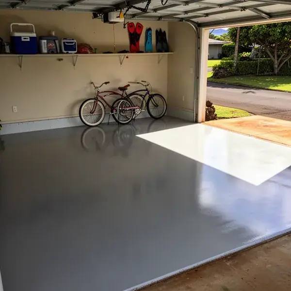 Solid gray epoxy garage floor in Kihei home