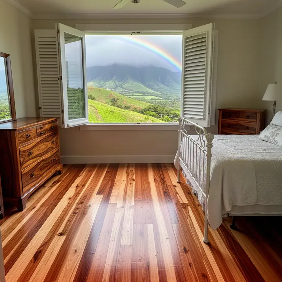 Solid hickory strip floor in Waihee raised bedroom
