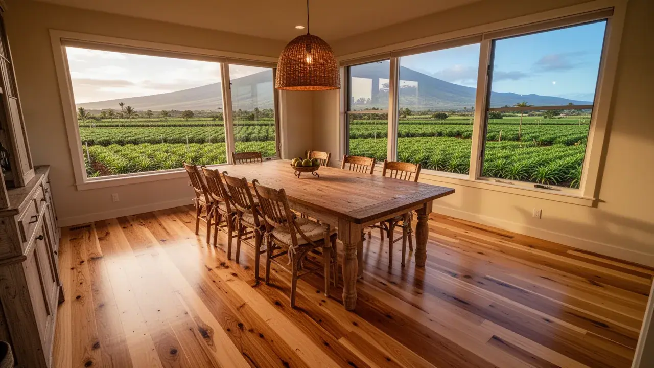 Solid white oak floor in Haliimaile home dining room