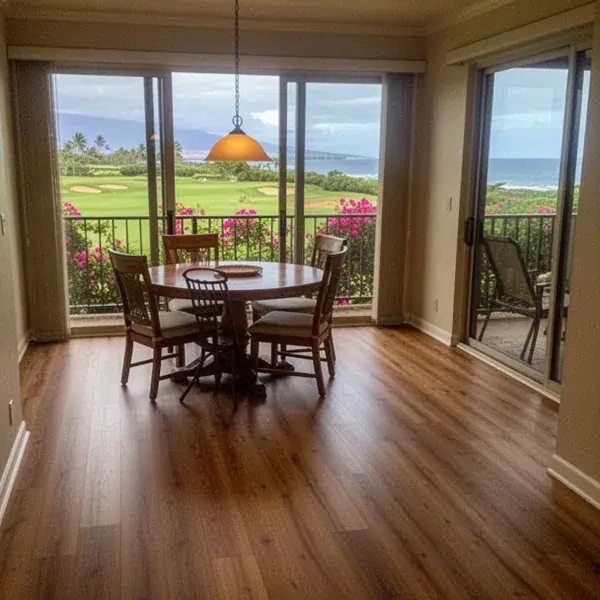 Sound-rated vinyl plank floor in upper-floor Wailea condo