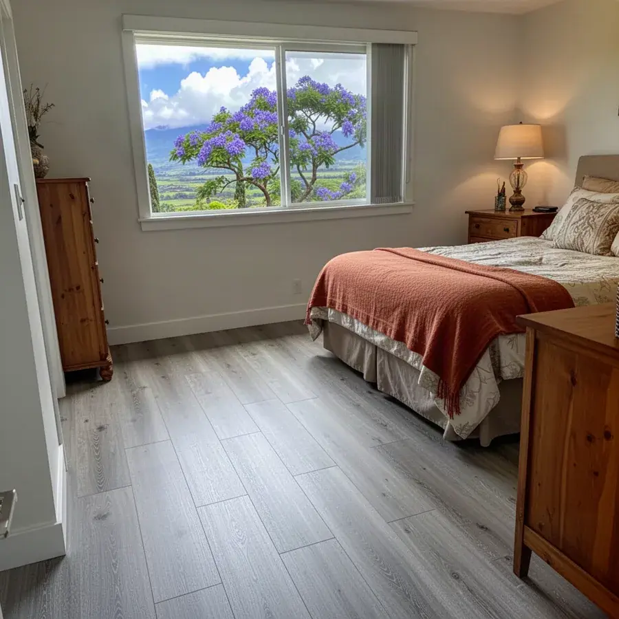 Sound-rated vinyl plank floor in upstairs Makawao bedroom