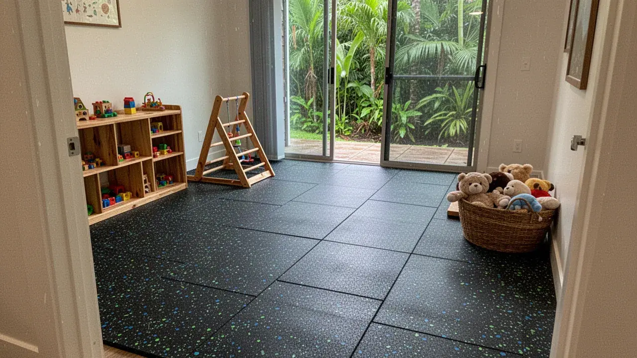 Speckled rubber tile floor in Haiku home playroom
