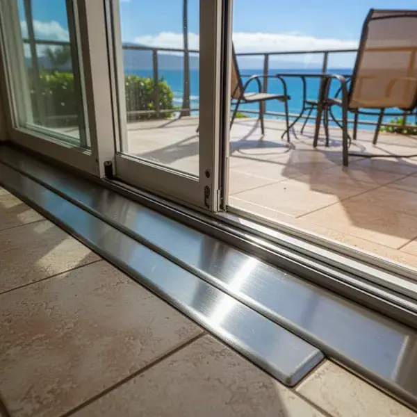 Stainless threshold transition at Kihei condo lanai slider