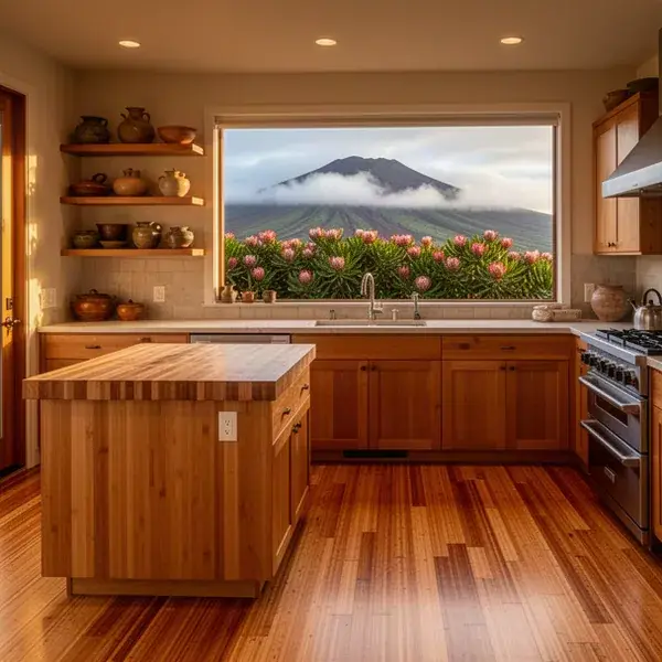 Strand woven bamboo floor in open Kula kitchen