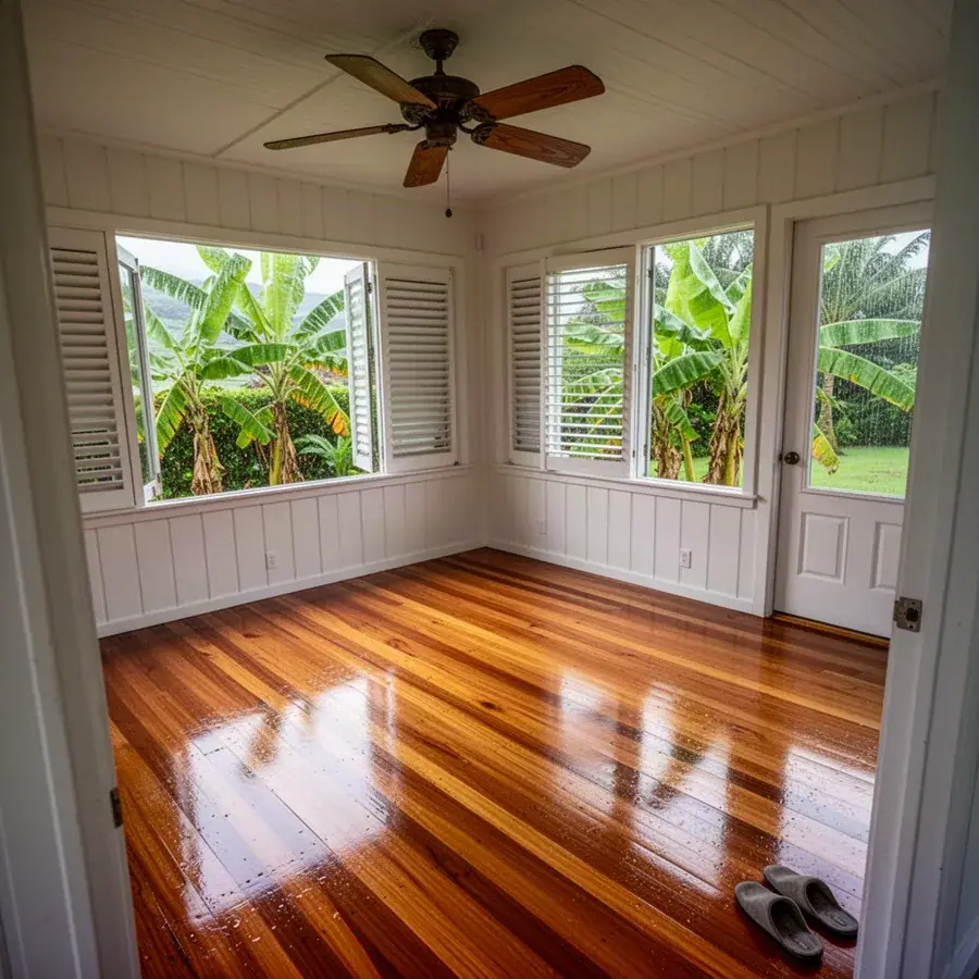 Teak hardwood floor in raised Haiku plantation home