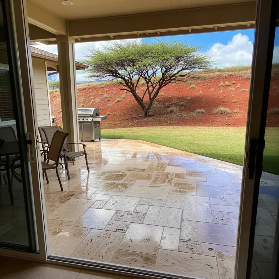 Slip-resistant porcelain on a covered lanai Textured porcelain tile lanai floor in Kihei home