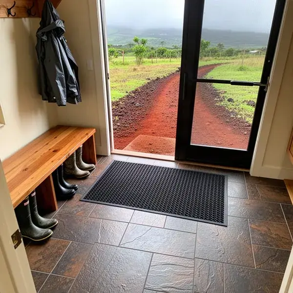 Textured porcelain tile mudroom entry in Kula home