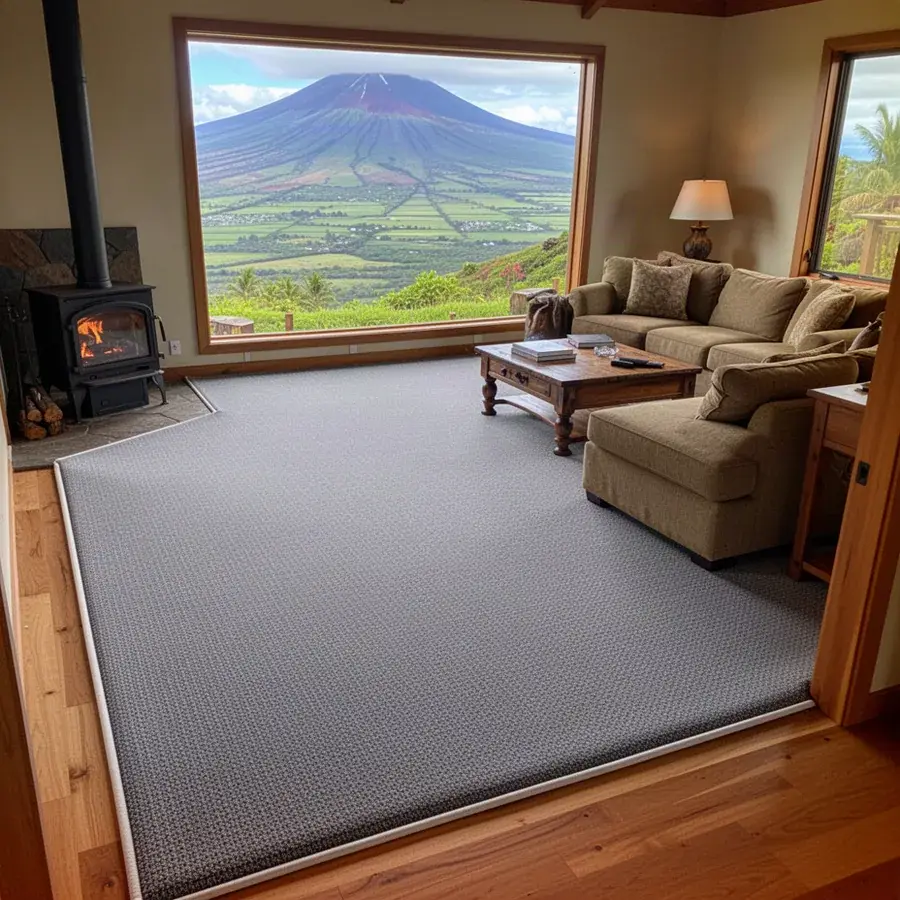 Tight power-stretched gray carpet in Kula living room