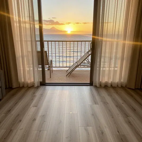 UV-stable vinyl plank by Kihei condo lanai slider