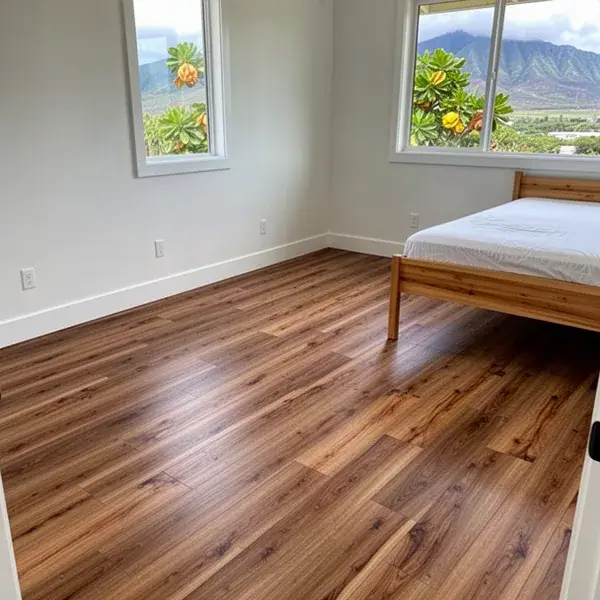 Vinyl plank floor in Lahaina rebuild home bedroom