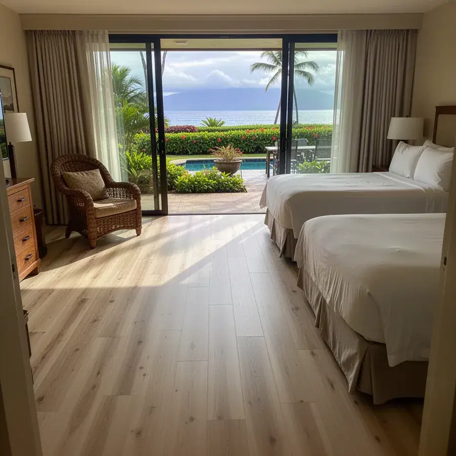 Guest room ready for housekeeping with new planks Vinyl plank floor in Wailea resort guest room