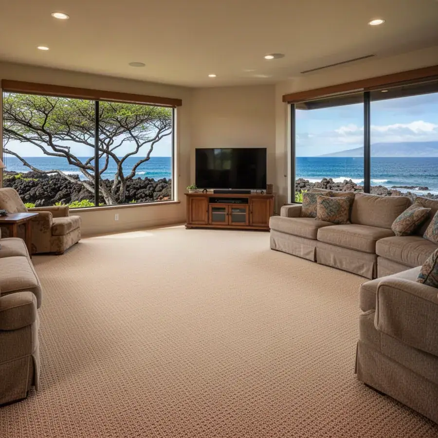 Wall-to-wall carpet in Makena home family room