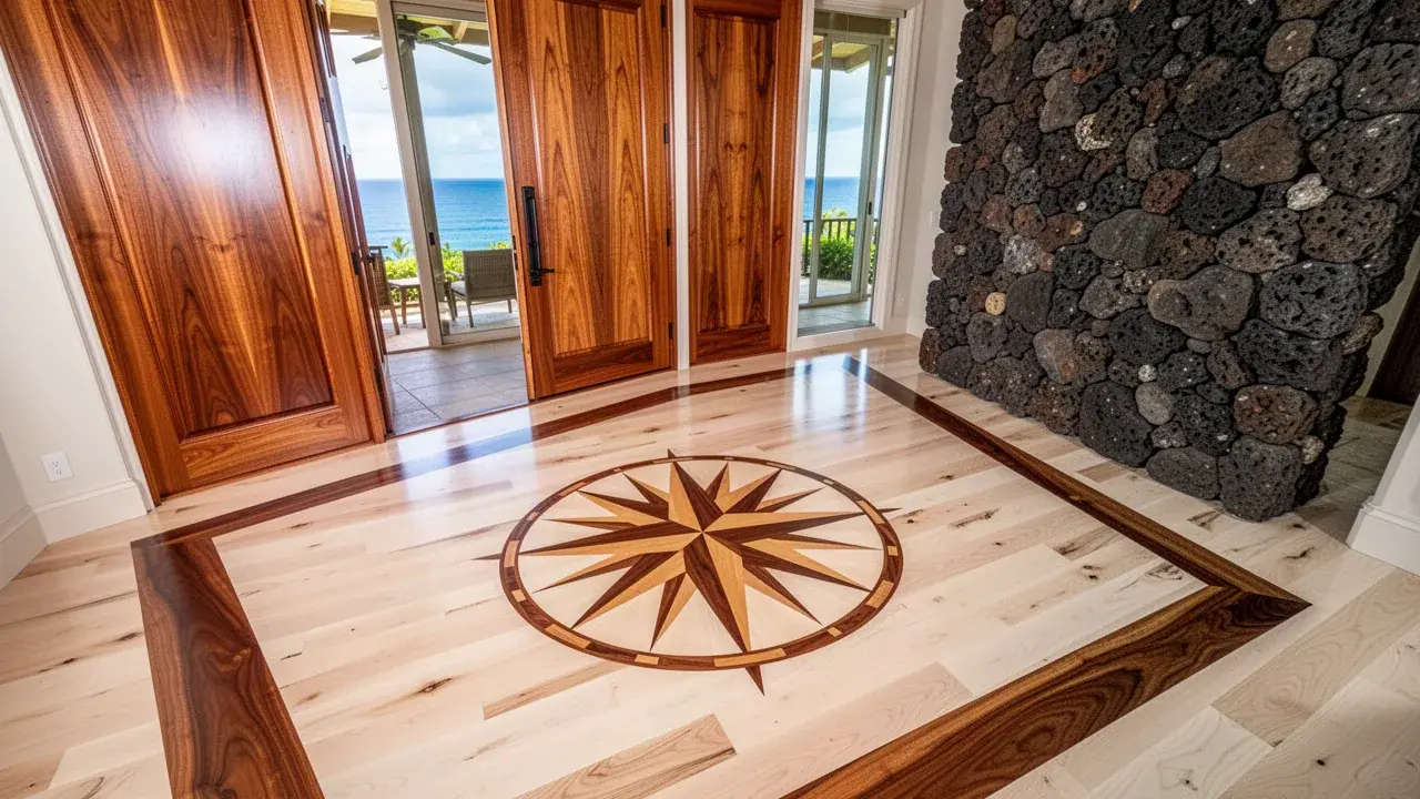 Walnut border and compass medallion in Wailea foyer