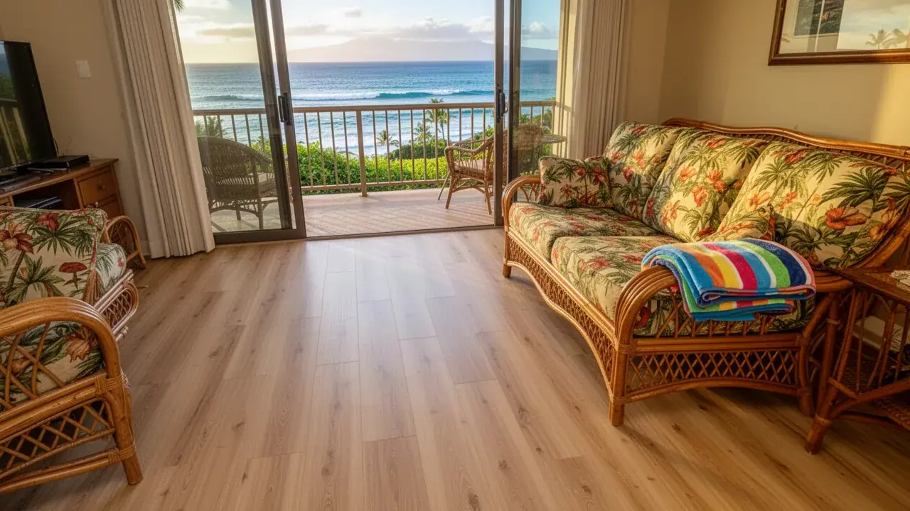 Waterproof vinyl plank floor in Napili rental condo