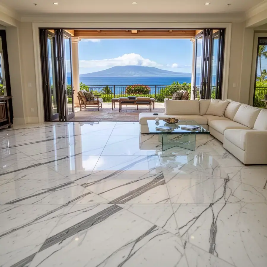 Marble laid so the veining flows room to room White marble floor with blended veining in Kapalua villa