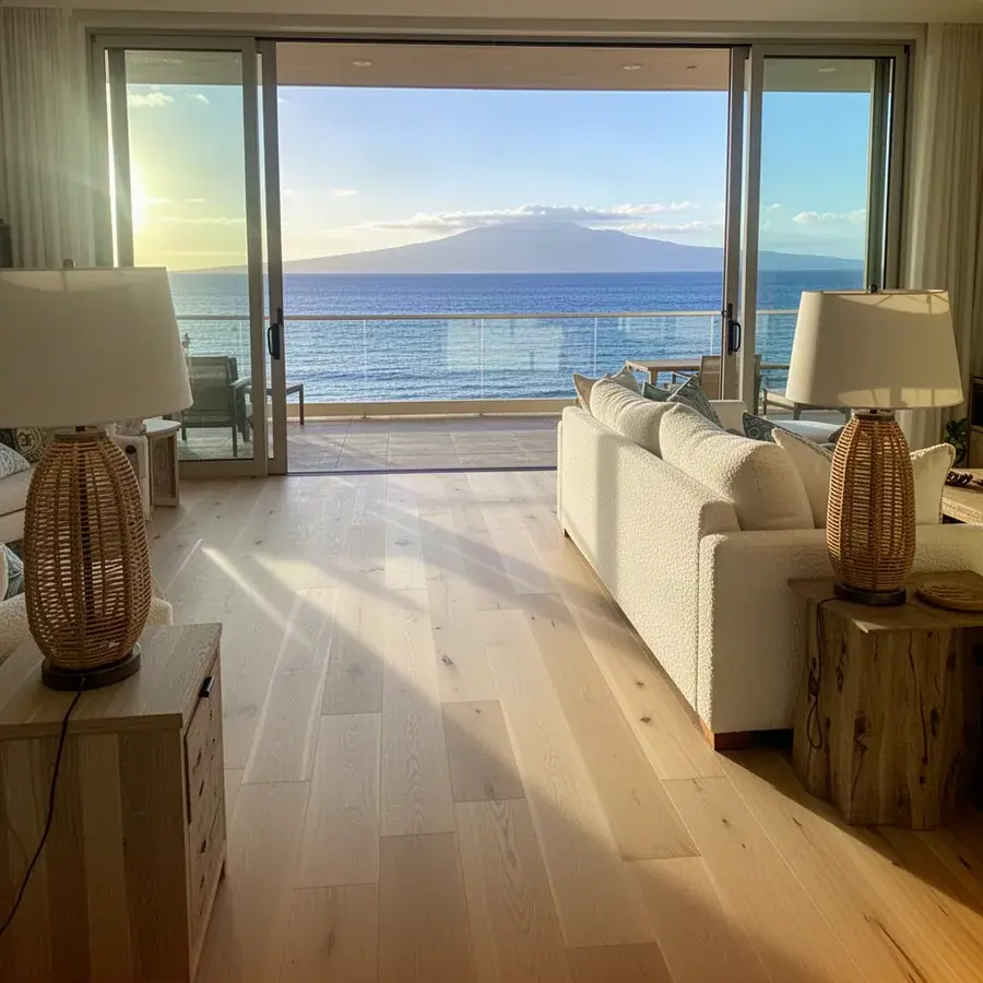 Long pale oak planks in an oceanfront unit Wide plank engineered oak in Kaanapali condo living room